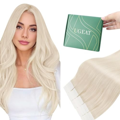 Ugeat Tape in Extensions Echthaar Blond 30 cm 30G 20 Stück #60A Platinblond | Tape Extensions Echthaar, Platin Blond, Remy Glatt Haar, Invisible Tape-in, Natürlich und weich, für kürzere helle Frisuren
