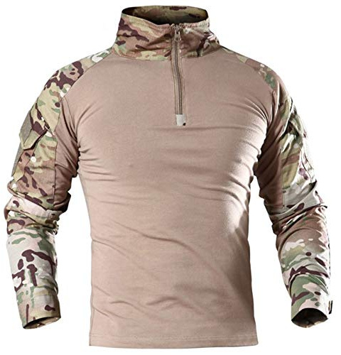 Camisa táctica militar de manga larga para hombre, transpirable, caza, combate, camisetas de secado rápido, tops para exteriores, cremallera frontal 1/4, camuflaje, camisas airsoft, beige, S