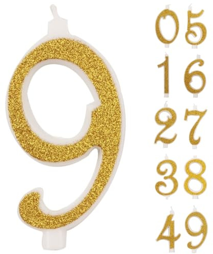 10CM Bougies Chiffres d'anniversaire Numéro 9,3D OR paillettée,Decoration Gateau Anniversaire,Bougies Gâteau Marriage (OR, 9)