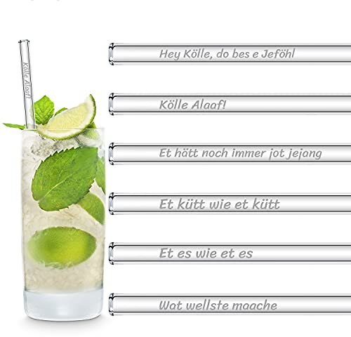 HALM Glasstrohhalme Köln Edition Lustige Karneval Sprüche | 6x 20 cm Strohhalme aus Glas Geschenkset mit gravierten Sprüchen | Cocktail Set Kölle Alaaf Fasching Deko