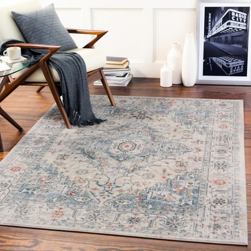 Livabliss London Vintage groß - Orientalischer Wohnzimmer 160x220 cm, Esszimmer, Schlafzimmer - Boho Kurzflor für einfache Pflege - Grau und Blau