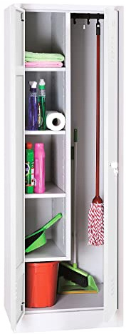 Schrank & Stuhl Mehrzweckschrank | Besenschrank mit verkürzter Trennwand, Hakenleiste und 5 Fächern 180x60x50, Zylinderschloss, komplett montiert, Weiß