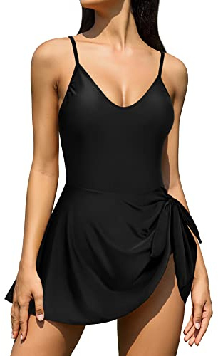 SHEKINI Scollo a V Costumi da Bagno Donna Un Pezzo con Gonna Regolabile Controllo Addominale Gonna da Spiaggia Orlo a Fessura Skirted Swimsuits(M, Nero)