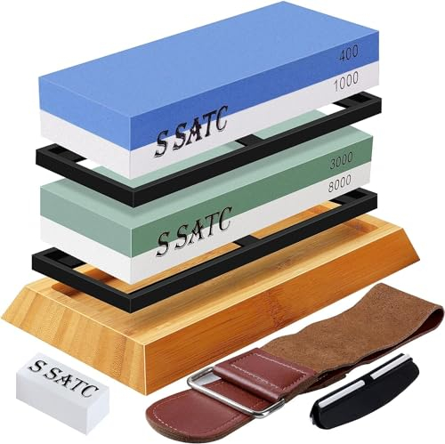 SATC Sharpening Stones for Kitchen Knives 400 1000 3000 8000 Grit Whetstone Knife Sharpener with Non-Slip Wood Base, Flattening Stone, Angle Guide and Leather Strop