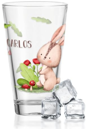 GRAVURZEILE Wasserglas mit UV-Druck - Tiergruppe Wald Design - Personalisiert mit Wunschname - Geschenke für Jungen & Mädchen Kinder zum Geburtstag Einschulung - Geeignet als Trinkglas - Hase