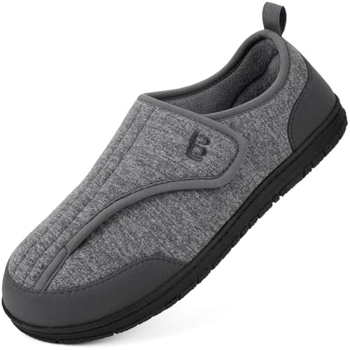 LongBay Men's Wide Slippers Adjustable Diabetic House Shoes Comfy Swollen Edema Slippers Indoor Outdoor Grey 11
