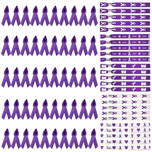 WANDIC Lot de 50 rubans de sensibilisation au pancréas violets avec épingles à nourrice et 50 rubans de sensibilisation au pancréas pour les œuvres caritatives et publiques, Polyester