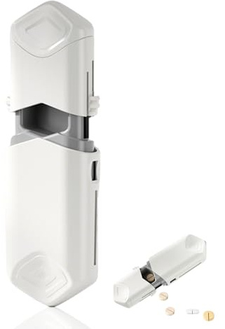 Tablettenteiler, Tablettenschneider für Kleine und Große Tabletten, Teleskopisch Pillenteiler mit Aufbewahrungsfach, Tragbarer Pillenschneider für Reise & Täglichen Gebrauch (Weiß)