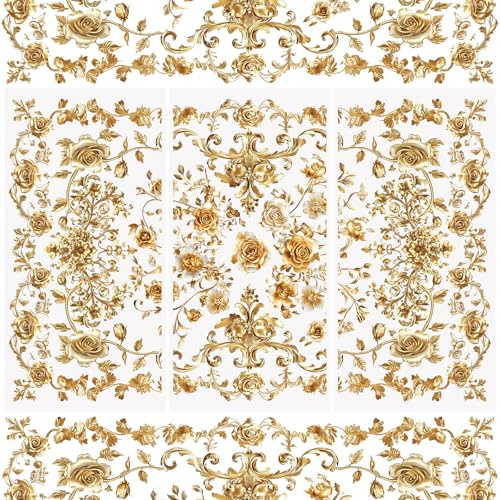 WANDIC 3 ark gnugga på överföring klistermärken retro gyllene blommor mönster vattentäta dekaler möbler hantverk utsmyckningar för gör-det-själv scrapbooking fotoalbum, 15 x 30 cm