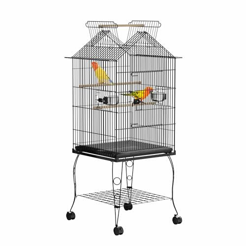 YRHome Vogelkäfig mit Ständer Wellensittlichkäfig mit Dach zum Öffnen 55 x 55 x 145 cm Vogelvoliere Papageienkäfig Tropfenvogelkäfig mit Futterhaus und Sitzstange aus Holz für Wellensittiche