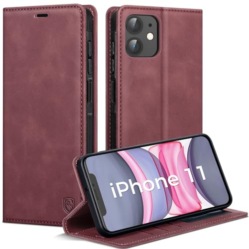 AIMOYU Handyhülle für iPhone 11 Hülle, Premium PU Leder Klapphülle Schutzhülle, Tasche Magnet Kartenfach Standfunktion Flip Case Hülle für iPhone 11, Weinrot