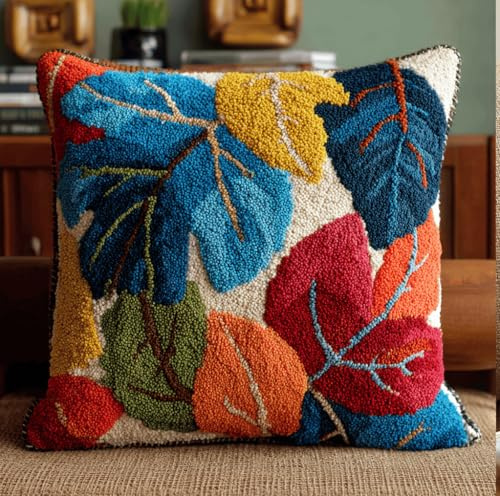 Taxpy Latch Hook Cushion Kit for Adults Beginners Leaf Complete All-in-One DIY Rug Making Kit with Hook, Yarn and Canvas-Creative Craft Gift- Home Decor Pillow Cover 17X17 Inch