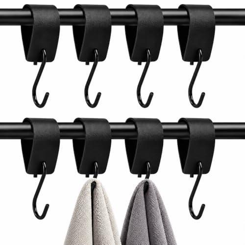 8 PCS S Haken Schwarz, S Haken mit Lederschlaufe, für Stangen, Garderobe, Kleiderschrank, Küche, Bad, Camping, rutschfeste Schlaufe, Aufhängen von Kleidung, Taschen, Handtüchern und Zubehör