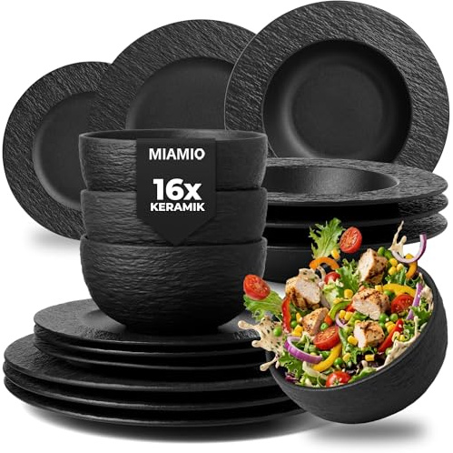 MIAMIO – Set de vaisselle 16 pièces/Vaisselle moderne en céramique/Vaisselle de table/Set pour 4 personnes - Collection Oasis (Noir, 16x)