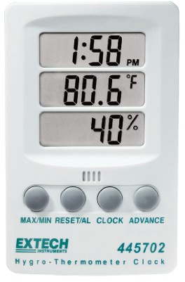Extech 445702 Hygro-Thermometer Clock - Digital Humidity Monitor and Indoor Thermometer with Max/Min Memory, Triple LCD Display, 12/24 Hour Clock, and Alarm - Wall Mount or Desktop Stand