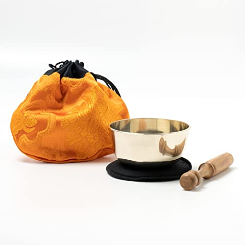 Kleine Klangschale ca. 170 g – Inkl. Holzklöppel, schwarzer Unterlage & gelbem Stoffbeutel – Handgefertigt in Nepal – Für Achtsamkeit, Schule & Meditation