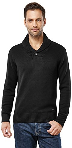 Vincenzo Boretti Maglione-Pullover Elegante da Uomo, Collo-Sciallato a Costine con buttone, Manica-Lunga, Maglia Grossa, Aderente/Slim, Caldo - Inverno, Autunno, Mezza Stagione Nero M