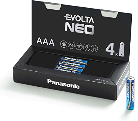 Panasonic EVOLTA NEO, pila alcalina Premium, caja de 4 pilas AAA, rendimiento extra-alto, especialmente duradera y segura, Micro LR03 1.5 V, paquete como práctica caja de almacenamiento
