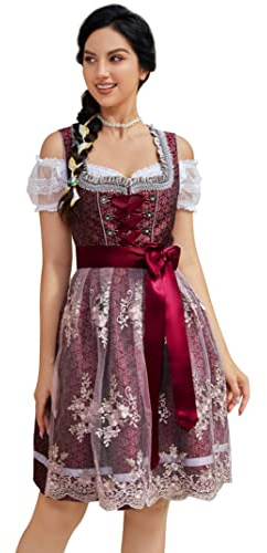 Clearlove Dirndl Damen midi 3tlg.Trachtenkleid für Oktoberfest,Karneval,DREI Teilig: Kleid, Bluse, Schürze（Verpackung MEHRWEG）,Rot,38