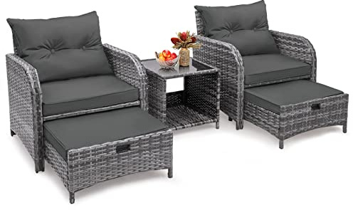 FYRICKYLINOO 5 Pieces Wicker Outdoor Patio Chairs with Ottomans, All Weather PE Rattan Outdoor Conversation Set Bistro Patio Furniture Set with Hidden Ottoman for Porch Backyard Balcony, Grey