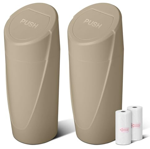 Cubo de basura para automóvil con tapa, 2 paquetes de portavasos para automóvil, color beige, mini cubo de basura a prueba de fugas con 40 bolsas de basura, organizadores de coche y almacenamiento