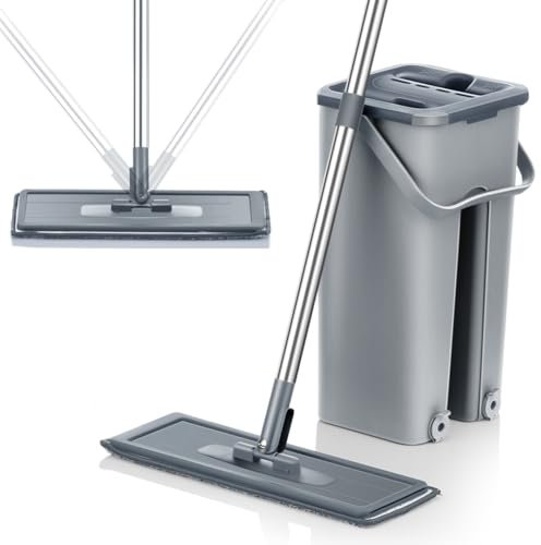 Mopa Multifuncional para Azulejos Paredes y Suelos con Cubo Escurridor Sistema Autoescurrible Cepillo 6 Almohadillas de Microfibra Escurre Fácil Mop Trapeador Limpieza Tarima Atrapa Polvo Ventanas