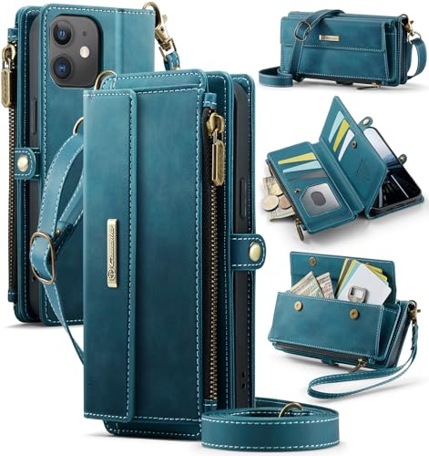 FONREST Compatible with iPhone 12/12Pro Crossbody Purse Bag Case, Magnetic Flip Flap PU Leather Wallet Cover w/Kickstand 9 RFID Blocking Card Holders Zip Pocket Lanyard Wrist Strap (Blue)