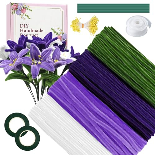 E·Durable Pfeifenputzer zum Basteln, 400 Stück 4 Farben Pipe Cleaner Flower Set mit 20 Stück Grünem Bastelfaden mit Geschenkband, Klebebandrollen, Anleitungen, Packpapier, Staubgefäße (Lila)