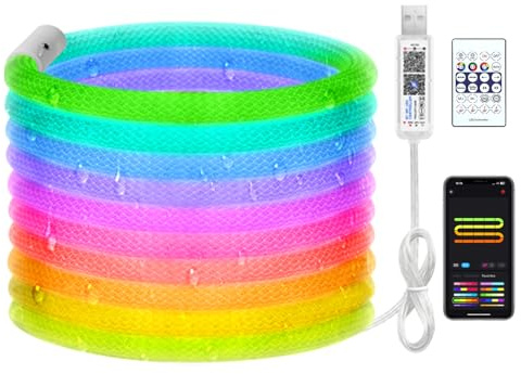 RGB+IC Neon LED Streifen,5m 360 Grad leuchtende Reticulate Weave LED Neon Lichter, Musik Synchronisation mit Remote APP Steuerung Seil Lichter für Spielzimmer Wohnzimmer Wand Indoor Outdoor Décor