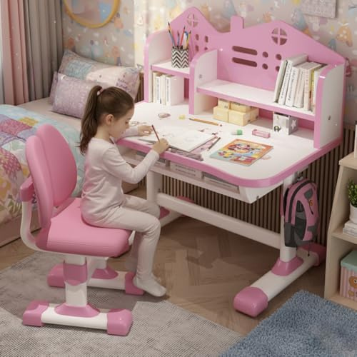 Autrfso Kids Ergonomic Desk and Chair Set, Height Adjustable School Study Table with Bookshelf, Drawer and Spine Support Backrest, Kids Desk and Chair for Bedroom&Study Room (Pink)