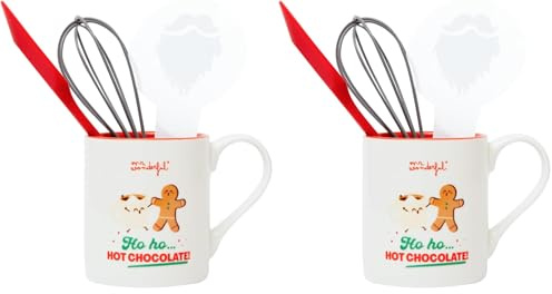Mr. Wonderful - Set de taza + utensilios para hacer chocolate caliente - Ho ho… hot chocolate! - Batidor, Espátula de silicona, Plantilla para Decorar (Paquete de 2)