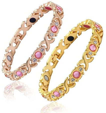 MENUY 2 pulseras magnéticas para mujer, pulsera magnética ajustable, imán incrustado, con diamantes, pulsera de cobre para mujer, adecuada para terapia de anillo magnético, oro y oro rosa