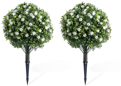 Garvee 2er Set Künstlicher Buchsbaumkugel-Baum 60cm, Topiary Kunstbaum mit weißen Blumen & Erdspieß, UV-beständig Wetterfest, Deko für Garten Balkon Hauseingang, Künstliche Pflanze Outdoor, Grün