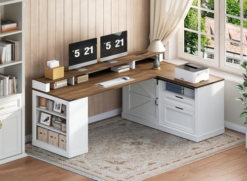 RALGEND Farmhouse L Shaped Desk with Drawers, 53 Inch Executive Desk with File Cabinet and Monitor Stand, Wooden Corner Computer Desk with Power Strip for Home Office Work and Study, White and Walnut