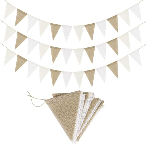 12M Banderines Decorativos de Yute, 36 Piezas Marrón y Beige Banderín | 3x4M, Reutilizable Banderines Yute de Impermeables, Vintage Banderín para Fiestas, Jardín, Cumpleaños, Bodas y Bautizo