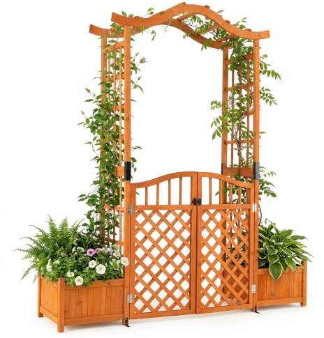 HOMASIS Arche Jardin Extérieur en Bois, Pergola Extérieur avec Jardinère, Treilli pour Plantes Grimpantes Fleurs, Légumes, Décoration de Patio Arrière-Cour (Brun,avec Portail)