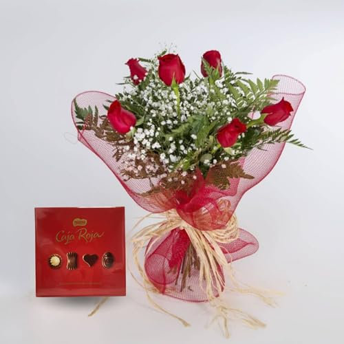 REGALA UNA FLOR | Ramo de 6 rosas naturales a domicilio | Entrega en 24 horas | Con caja de bombones y tarjeta de dedicatoria | 6 rosas y bombones