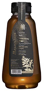 Maragkakis Family Honig Pinie Wildkräuter Kreta Dosierflasche – Squeeze Flasche Flüssig & Sauber – Kräftiger Imkerhonig Spender 500g Ohne Kleckern Ideal zum Kochen & Backen