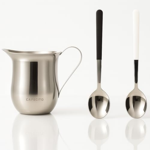CAFECITO® Espresso Crema Pitcher & Whisking Spoon Set – 6 oz Bell-Shaped Espresso Creamer with 2 Stainless Steel Espuma Spoons (Black & White) – Cuban Cafecito Foam & Espumita Preparation Tools