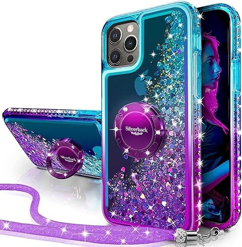 Silverback for iPhone 14 Pro Max Case, Moving Liquid Holographic Glitter Sparkle Case With Kickstand, Women Girls Bling Diamond Ring Shockproof Protective Cover for iPhone 14 Pro Max 6.7''- Purple