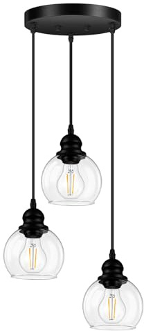 3-Light Pendant Light, Hanging Ceiling Lamp with Clear Glass Shade, Matte Black Pendant Lighting Adjustable Height Industrial Retro Style Hanging Light, for Kitchen Island Bedroom(E26 Base,No Bulb)