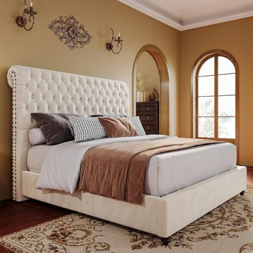 PaPaJet Bed Frame Queen Size Upholstered Platform Bed with 53'' Tall Sleigh Headboard, Button Tufted, No Box Spring Needed, Easy Assembly, Cream