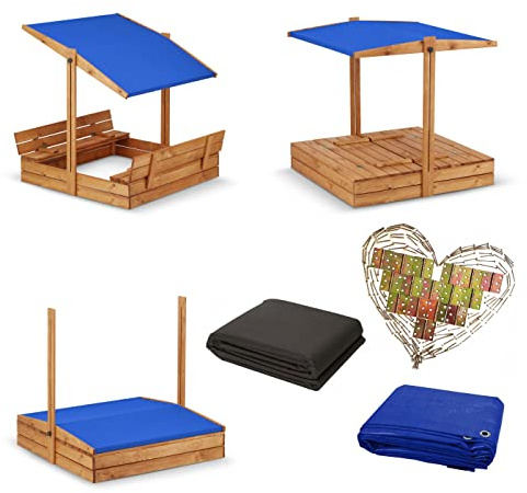 Sandkasten Imprägniert mit Dach inkl. Video Anleitung für Montage mit Sonnenschutz UV-Schutz Sandbox mit Abdeckung mit Sitzbänken mit Deckel mit Plane Sandkiste Sandkastenvlies Holz 120x120 140x140 XL