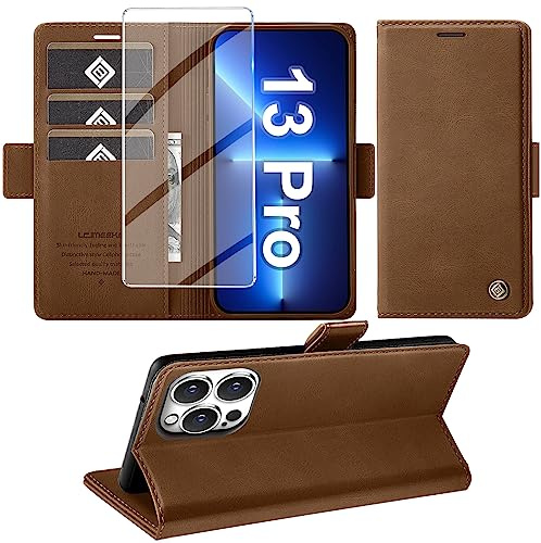 Giyer Handyhülle für iPhone 13 Pro Hülle mit Displayschutzfolie, Leder Wallet Kartenfach Ständer Tasche Schutzhülle für iPhone 13 Pro 5G Flip Case Kameraschutz Bumper Vollschutz Klapphülle (Braun)