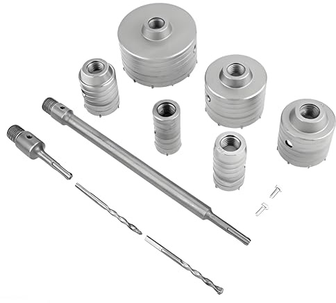 10Pcs TCT Drill Set Masonry Hole Saw, SDS Bits SDS Plus Extension Shank Tungsten Masonry Hole Cutters | Tungsten carbide tipped for clean holes in concrete and brick, includes 35-110mm bits, arbors, guide drills and 300mm shank