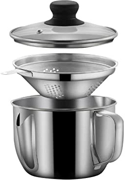 Stainless Steel Fat Separator 1L/4 Cup, Gravy Grease Separator with Strainer and Glass Lid, Soup Oil Separator Cup, Oil Soup Separator with Handle, Oil Filter Pot for Kitchen