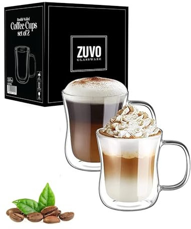 Zuvo Double Walled Glass Mugs Set (2-Pack) – Insulated Coffee Cups for Hot and Cold Drinks – Elegant, Heat-Resistant, Dishwasher Safe