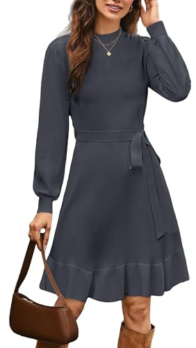 STYLEWORD Abito Maglione Invernale da Donna Abiti Lunghi in Maglia da Donna Abito Maglione con Volant e Cintura-S