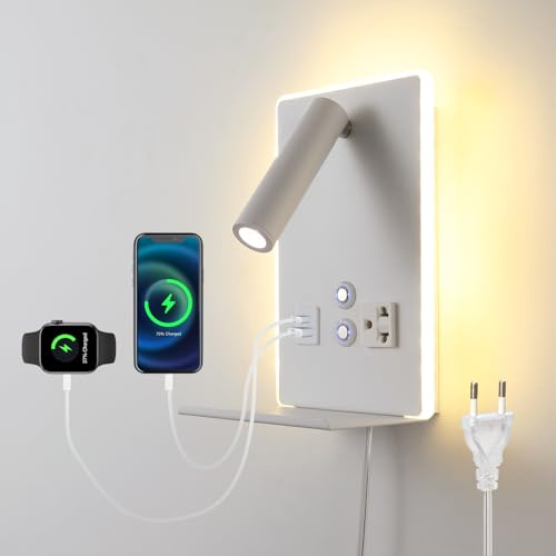 CNMYKYDS Wandmontiertes Leselicht mit Ablage – 3 Farben dimmsicher LED, 360° einstellbare Wandlampe für Schlafzimmer/Arbeitszimmer, Touch-Steuerung (Weiß)