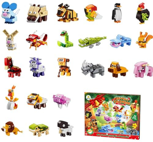 Calendario dell'Avvento 2025, set di 24 mattoncini con morsetto, 24 piccoli animali + 2 grandi animali Lord